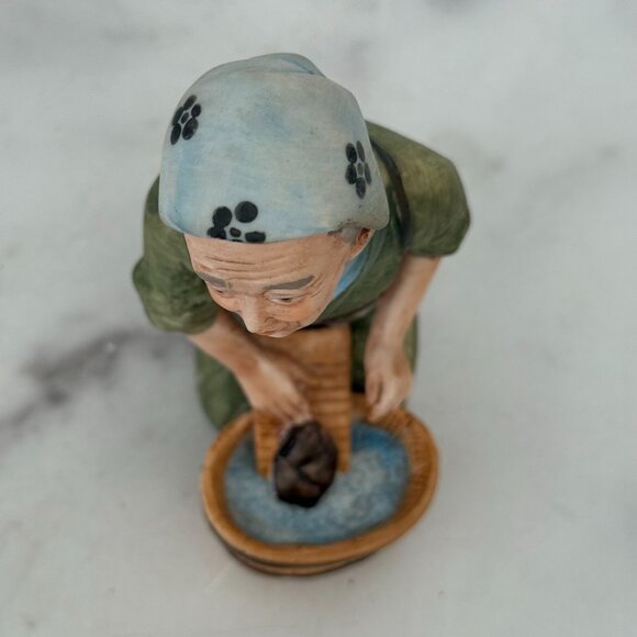 Vintage Hand-Painted Ceramic Figurine Of Woman Washing Clothes In Wooden Tub - Picture 5 of 5